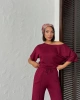 Kadın Bordo Yumuşacık Yarasa Kol Bluzlu Beli Bağcıklı Geniş Paça İkili Takım