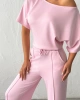 Kadın Şeker Pembe Yumuşacık Yarasa Kol Bluzlu Beli Bağcıklı Geniş Paça İkili Takım
