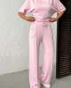 Kadın Şeker Pembe Yumuşacık Yarasa Kol Bluzlu Beli Bağcıklı Geniş Paça İkili Takım