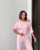Kadın Şeker Pembe Yumuşacık Yarasa Kol Bluzlu Beli Bağcıklı Geniş Paça İkili Takım