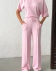 Kadın Şeker Pembe Yumuşacık Yarasa Kol Bluzlu Beli Bağcıklı Geniş Paça İkili Takım