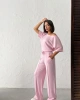 Kadın Şeker Pembe Yumuşacık Yarasa Kol Bluzlu Beli Bağcıklı Geniş Paça İkili Takım