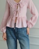 Kadın Şeker Pembe Bohem Tarz Önden Bağlamalı Bebe Yaka Uzun Kol Müslin Bluz
