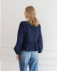 Kadın Lacivert Bohem Tarz Önden Bağlamalı Bebe Yaka Uzun Kol Müslin Bluz