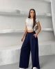 Kadın Lacivert Yüksek Bel Hareket Özgürlüğü Sunan Beli Lastikli Geniş Paça Pantolon