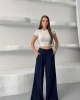 Kadın Lacivert Yüksek Bel Hareket Özgürlüğü Sunan Beli Lastikli Geniş Paça Pantolon