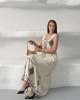 Kadın Bej Keten Bohem Nakışlı Yelekli Askılı Midi Boy Elbise Takım