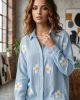 Kadın Bebe Mavisi Papatya Desenli Müslin Kumaş Uzun Kollu Oversize Gömlek