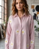 Kadın Pembe Papatya Desenli Müslin Kumaş Uzun Kollu Oversize Gömlek