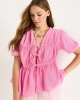 Kadın Pembe Bağlama Detaylı Oversize Müslin Bluz