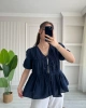 Kadın Lacivert Bağlama Detaylı Oversize Müslin Bluz
