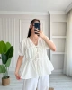Kadın Ekru Bağlama Detaylı Oversize Müslin Bluz
