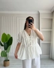 Kadın Ekru Bağlama Detaylı Oversize Müslin Bluz