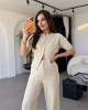 Kadın Krem Yarım Fermuarlı Crop Üst Geniş Paça Pantolon İkili Takım