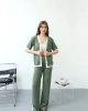 Kadın Yeşil Şerit Detaylı Rahat Kesim Geniş Paça Pantolon Hırka İkili Takım
