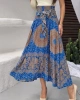 Kadın Yaz Mavisi Yüksek Bel Bağlama Detaylı Şık Etnik Desenli Asimetrik Kesim Midi Etek