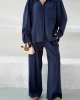 Kadın Lacivert Oversize Şık Tensel Kumaş Gömlek Geniş Paça Pantolon Takım Rahat Kesim İkili Premium Takım