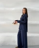 Kadın Lacivert Oversize Şık Tensel Kumaş Gömlek Geniş Paça Pantolon Takım Rahat Kesim İkili Premium Takım