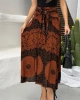 Kadın Kahverengi Yüksek Bel Bağlama Detaylı Şık Etnik Desenli Asimetrik Kesim Midi Etek