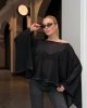 Kadın Siyah Taş Detaylı Transparan Madonna Yaka Asimetrik Panço Bluz