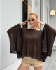 Kadın Kahverengi Taş Detaylı Transparan Madonna Yaka Asimetrik Panço Bluz
