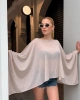 Kadın Bej Taş Detaylı Transparan Madonna Yaka Asimetrik Panço Bluz