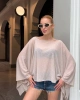 Kadın Bej Taş Detaylı Transparan Madonna Yaka Asimetrik Panço Bluz