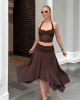 Kadın Kahverengi Halter Yaka Crop Bluz Astarlı Etek İkili Takım