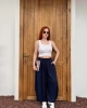 Kadın Lacivert Beli Lastikli Rahat Kesim Geniş Paça Tiril Şalvar Pantolon