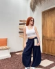 Kadın Lacivert Beli Lastikli Rahat Kesim Geniş Paça Tiril Şalvar Pantolon