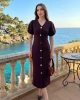 Kadın Kahverengi Şık Düğme Detaylı Kısa Kol Beli Slim Midi Elbise