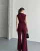 Kadın Bordo Şık Düğme Detaylı Yelekli Geniş Paça Pantolon İkili Takım