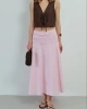 Kadın Pembe Büzgü Detaylı Yüksek Bel Midi Boy Yazlık Etek