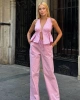 Kadın Pembe Çizgili Halter Yaka Bluz Yüksek Bel Geniş Paça Pantolon Alt Üst İkili Yazlık Takım