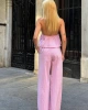 Kadın Pembe Çizgili Halter Yaka Bluz Yüksek Bel Geniş Paça Pantolon Alt Üst İkili Yazlık Takım