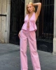Kadın Pembe Çizgili Halter Yaka Bluz Yüksek Bel Geniş Paça Pantolon Alt Üst İkili Yazlık Takım