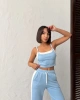 Kadın Açık Mavi Crop Atletli Yüksek Bel Beli Lastikli Geniş Paça Pantolon Alt Üst Yazlık Eşofman Takım