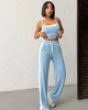Kadın Açık Mavi Crop Atletli Yüksek Bel Beli Lastikli Geniş Paça Pantolon Alt Üst Yazlık Eşofman Takım