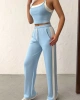 Kadın Açık Mavi Crop Atletli Yüksek Bel Beli Lastikli Geniş Paça Pantolon Alt Üst Yazlık Eşofman Takım
