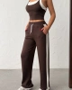 Kadın Kahverengi Crop Atletli Yüksek Bel Beli Lastikli Geniş Paça Pantolon Alt Üst Yazlık Eşofman Takım