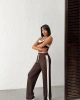 Kadın Kahverengi Crop Atletli Yüksek Bel Beli Lastikli Geniş Paça Pantolon Alt Üst Yazlık Eşofman Takım