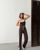 Kadın Kahverengi Crop Atletli Yüksek Bel Beli Lastikli Geniş Paça Pantolon Alt Üst Yazlık Eşofman Takım