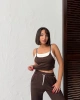 Kadın Kahverengi Crop Atletli Yüksek Bel Beli Lastikli Geniş Paça Pantolon Alt Üst Yazlık Eşofman Takım