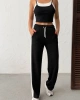 Kadın Siyah Crop Atletli Yüksek Bel Beli Lastikli Geniş Paça Pantolon Alt Üst Yazlık Eşofman Takım