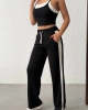 Kadın Siyah Crop Atletli Yüksek Bel Beli Lastikli Geniş Paça Pantolon Alt Üst Yazlık Eşofman Takım
