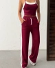Kadın Bordo Crop Atletli Yüksek Bel Beli Lastikli Geniş Paça Pantolon Alt Üst Yazlık Eşofman Takım