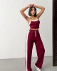 Kadın Bordo Crop Atletli Yüksek Bel Beli Lastikli Geniş Paça Pantolon Alt Üst Yazlık Eşofman Takım