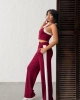 Kadın Bordo Crop Atletli Yüksek Bel Beli Lastikli Geniş Paça Pantolon Alt Üst Yazlık Eşofman Takım