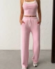 Kadın Pembe Crop Atletli Yüksek Bel Beli Lastikli Geniş Paça Pantolon Alt Üst Yazlık Eşofman Takım