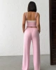 Kadın Pembe Crop Atletli Yüksek Bel Beli Lastikli Geniş Paça Pantolon Alt Üst Yazlık Eşofman Takım